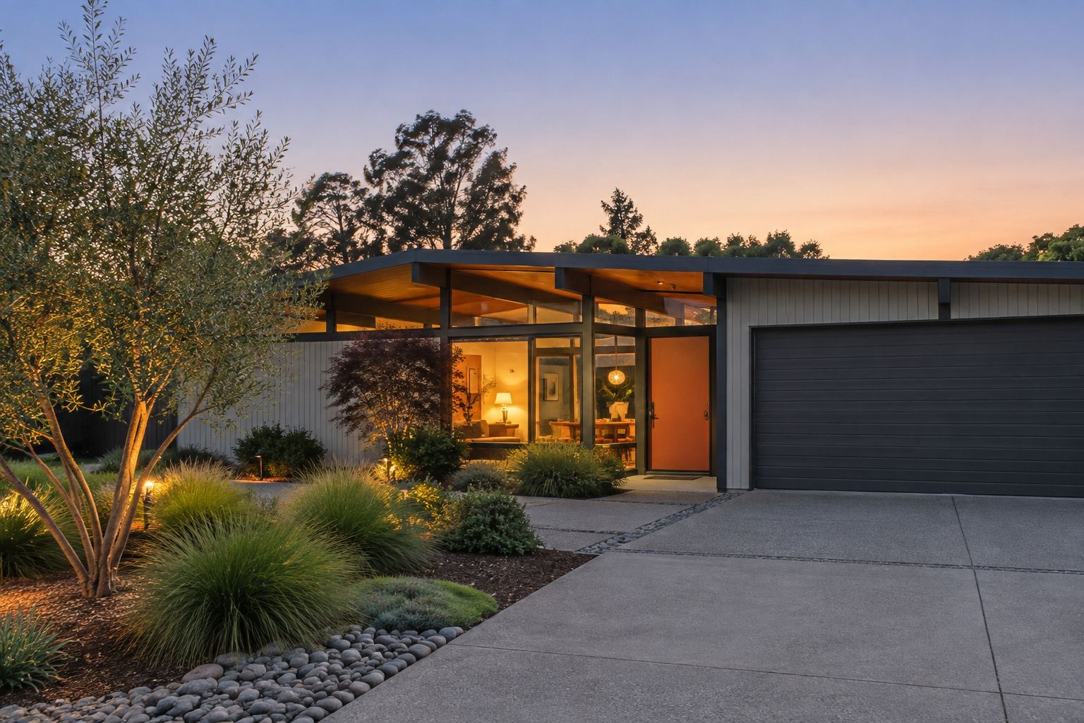 A Peninsula area home exterior at dusk, illustrative