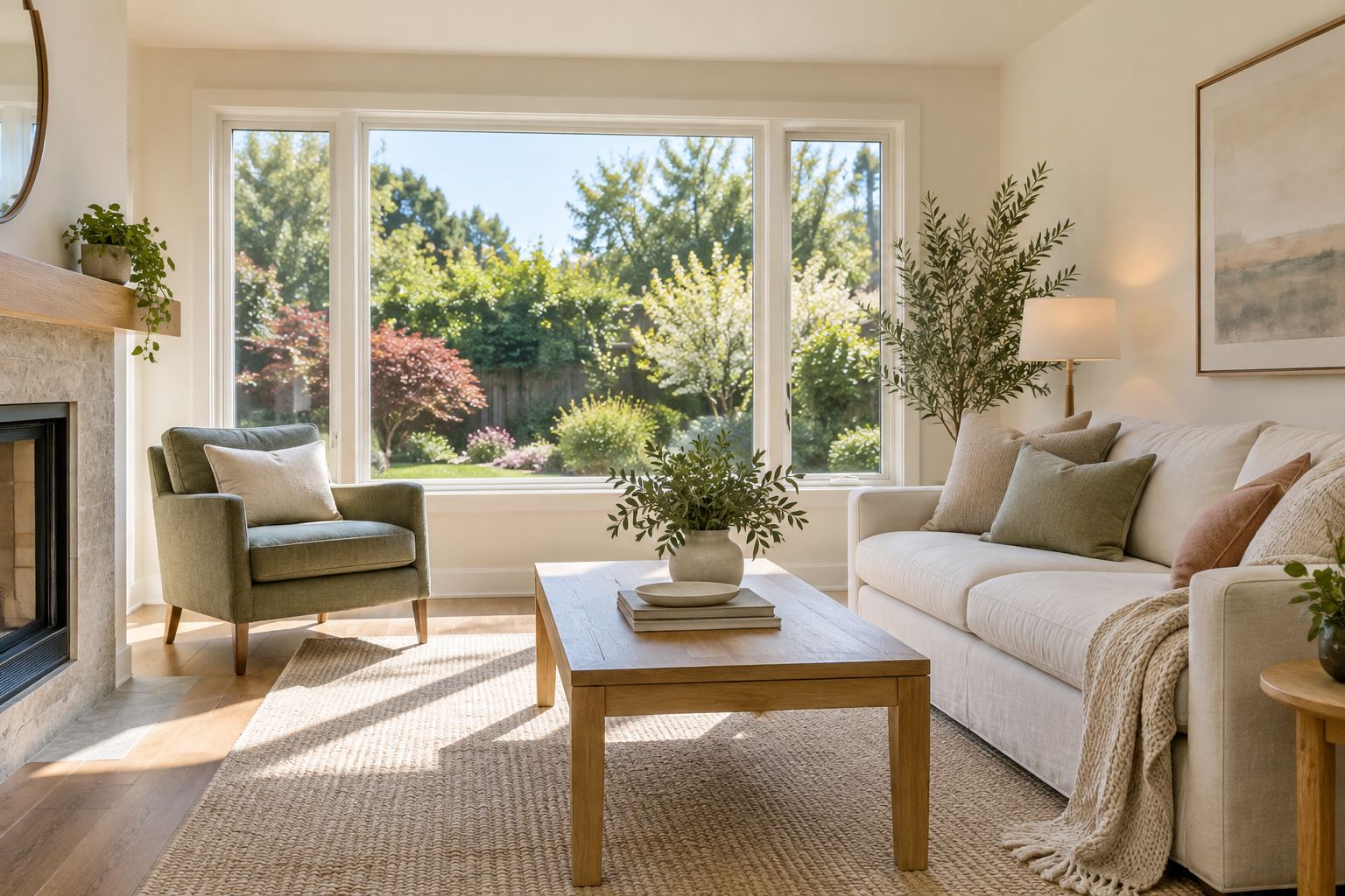 A cozy Peninsula area living room, illustrative